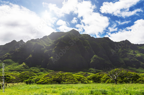 Fotografie Kualoa mountain range view, famous filming location on Oahu island, Hawaii
