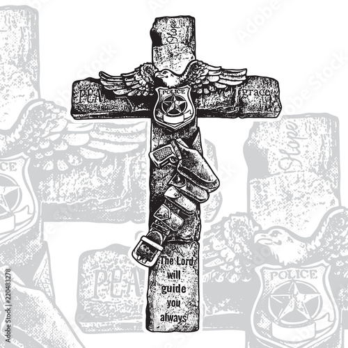 Decorative cross - emblem with crucifix, police badge, eagle, gun in holster belt. Vector black graphic illustration on white background. 
