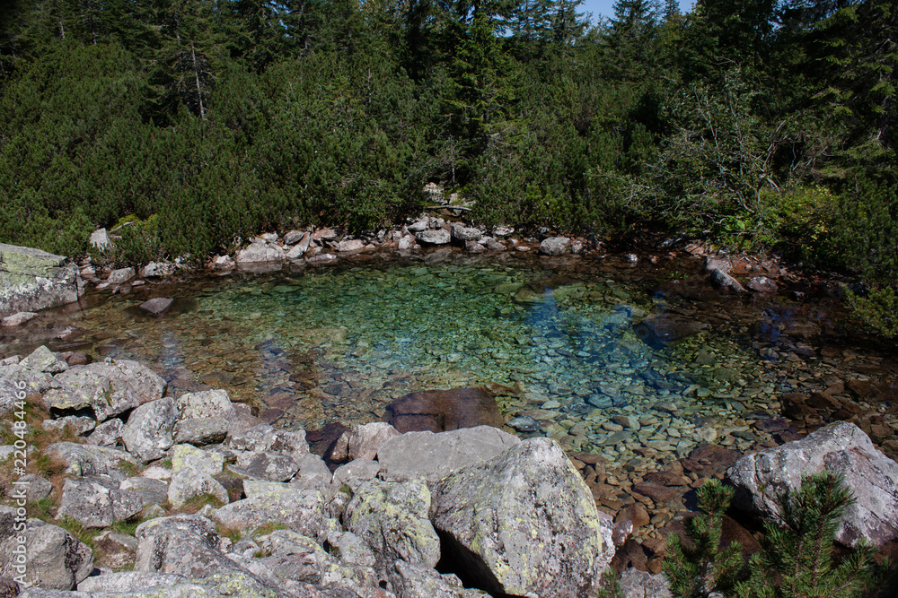 Water reflection in iceberg pond in high mountains