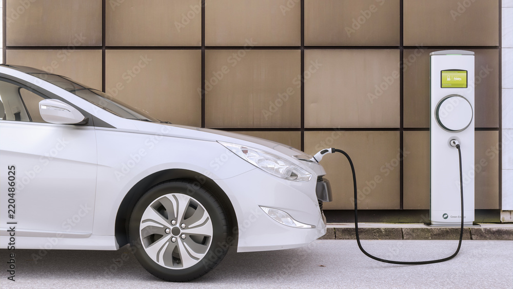 Aufladen eines Elektroautos auf einem Parkplatz mit Ladesäule in urbaner Umgebung Aufladen eines Elektroautos auf einem Parkplatz mit Ladesäule in urbaner Umgebung