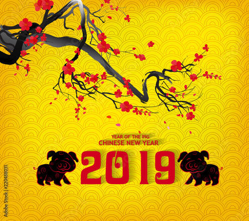 Creative chinese new year 2019 invitation cards. Year of the pig. Chinese characters mean Happy New Year