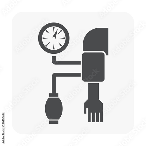 Blood pressure monitor vector icon may called sphygmomanometer consist of arm, gauge meter, inflator. Device or equipment for patient, doctor to test check heart rate and control hypertension.