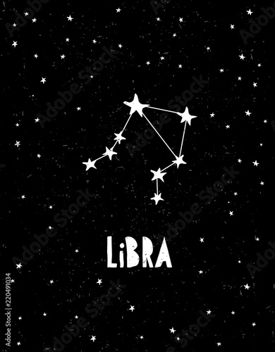 Libra Symbol. Hand Drawn Zodiac Vector Illustration. Starry Background. Black and White Childish Style Design.