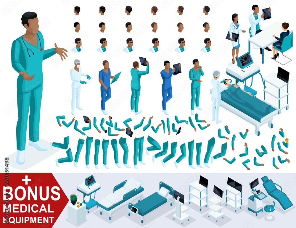 Isometric Doctor African American, create your 3d paramedic, sets of gestures of legs and hands, emotions and hairstyles. Bonus medical equipment, set 1 Isometric Doctor African American, create your 3d paramedic, sets of gestures of legs and hands, emotions and hairstyles. Bonus medical equipment, set 1