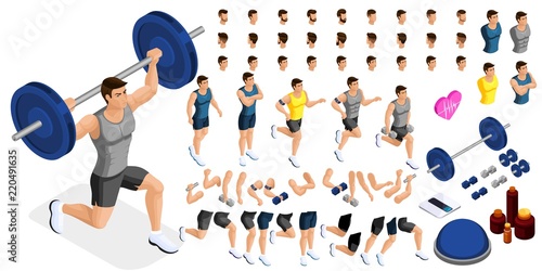 Isometrics create your sporty inflated man, a set of hairstyles, emotions, hands, feet. Without, gym, jumping. Sports equipment for creative set 5