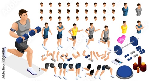 Isometrics create your sporty inflated man, a set of hairstyles, emotions, hands, feet. Without, gym, jumping. Sports equipment for creative set 3