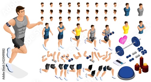 Isometrics create your sporty inflated man, a set of hairstyles, emotions, hands, feet. Without, gym, jumping. Sports equipment for creative set 2