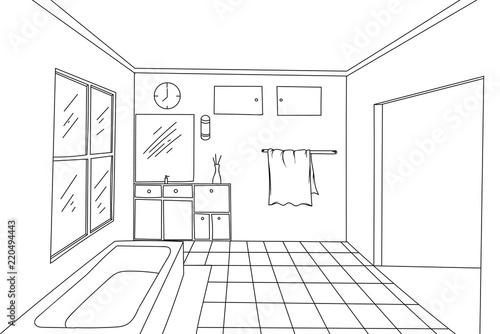 Bathroom interior hand drawing wireframe scene vector on a white backgrounds