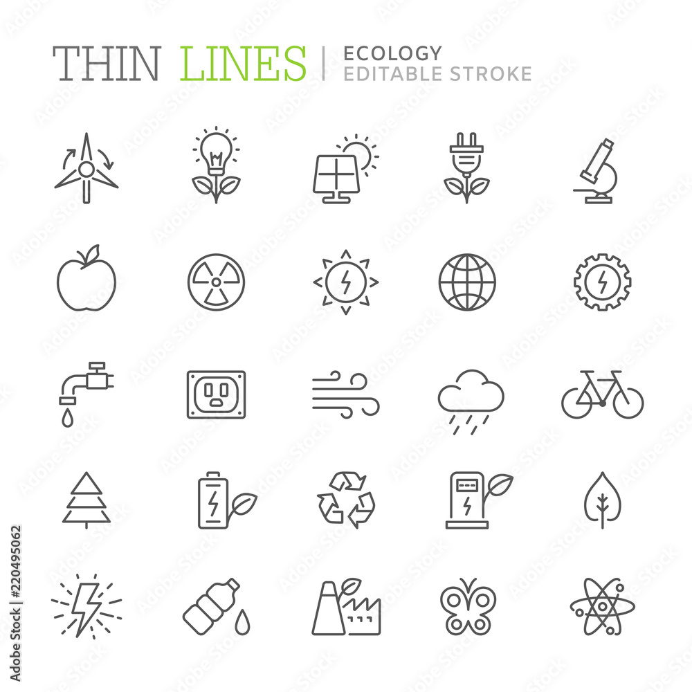 Collection of ecology related line icons. Editable stroke