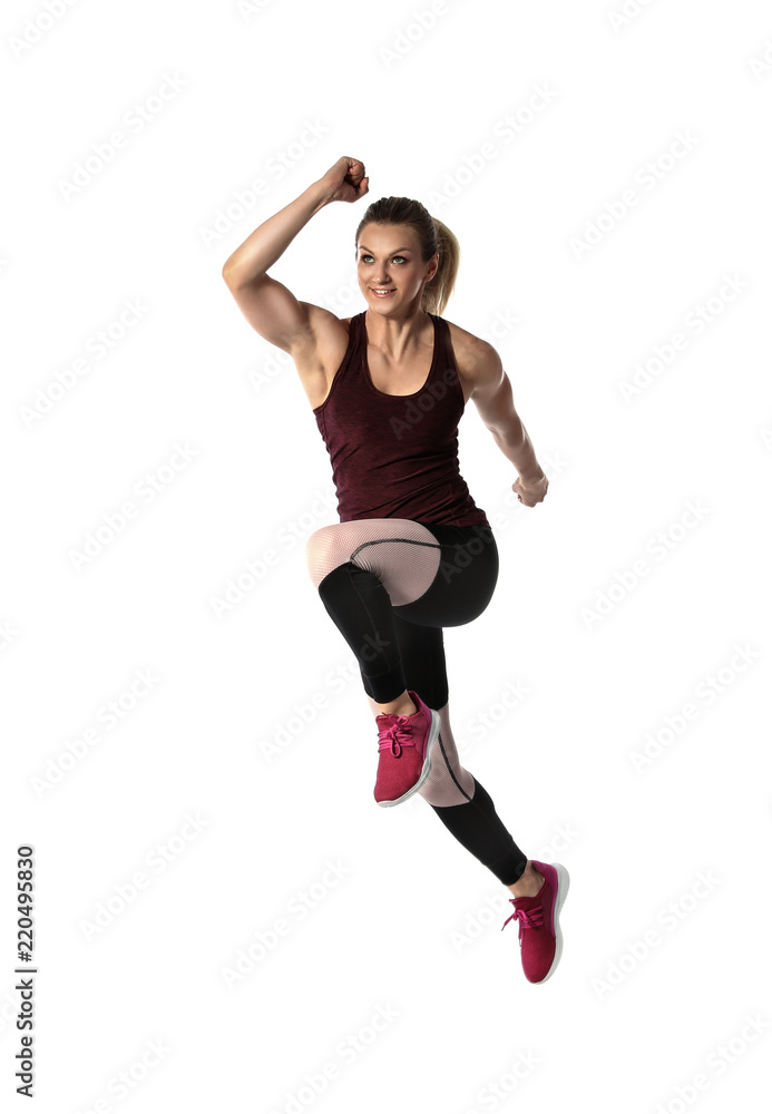 Sporty young woman running on white background Sporty young woman running on white background