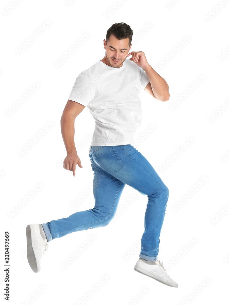 Young man in stylish jeans on white background Young man in stylish jeans on white background
