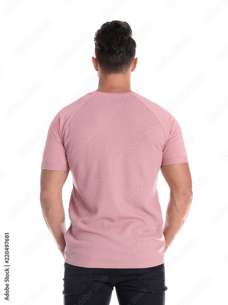 Young man in t-shirt on white background. Mockup for design Young man in t-shirt on white background. Mockup for design