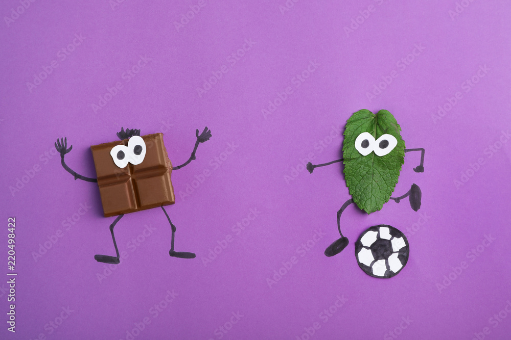 Fototapeta premium Creative flat lay composition with chocolate and mint on color background