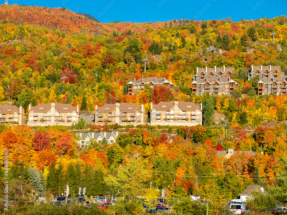 Obraz premium To jest zdjęcie jesiennych liści w Mont-Tremblant na płaskowyżu Laurentian w Quebec w Kanadzie. Jest to jezioro na obrzeżach Mont-Tremblant. Widok jest fantastyczny.