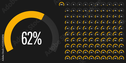 Set of circular sector percentage diagrams from 0 to 100 ready-to-use for web design, user interface (UI) or infographic - indicator with yellow