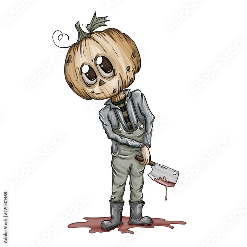 vector lovely vintage character pumpkin with a hatchet isolated on white. Funny illustration or print for Halloween