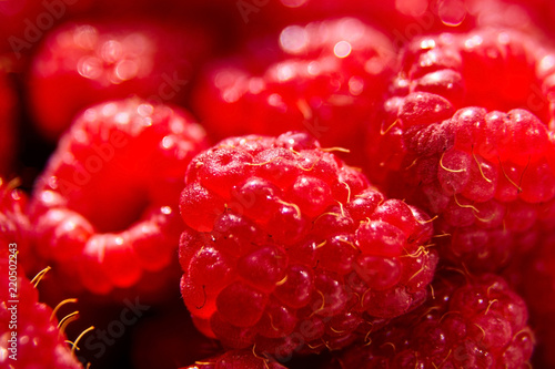 Fresh red ripe raspberries background, closeup, selective focus