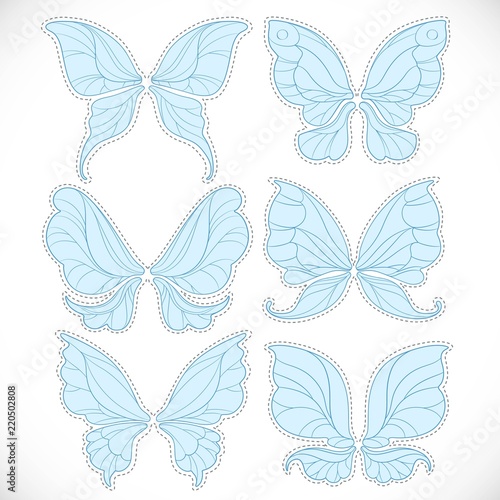 Blue fairy wings with dotted outline for cutting set 1 isolated on a white background
