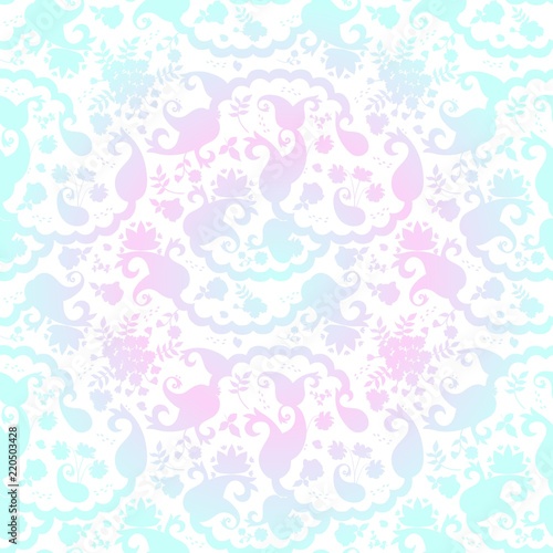 Bandana print with stylized paisley floral ornament in blue and pink colors. Square seamless pattern.