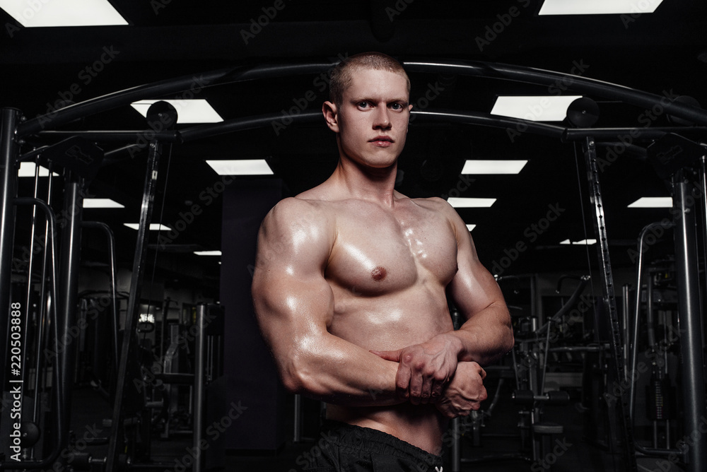 Portrait of a very muscular shirtless male model. Handsome athletic man with big muscles posing at the camera in the gym. Portrait of a very muscular shirtless male model. Handsome athletic man with big muscles posing at the camera in the gym.