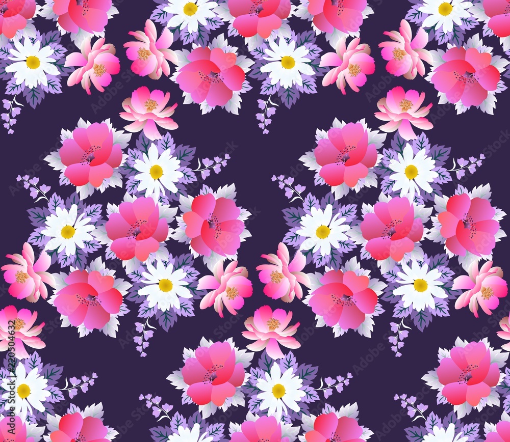 Seamless floral pattern with bouquets of daisy, poppy , cosmos and bell flowers on dark purple background. Romantic print for fabric.