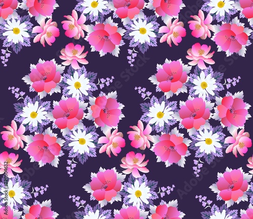 Seamless floral pattern with bouquets of daisy, poppy , cosmos and bell flowers on dark purple background. Romantic print for fabric. © Happy Dragon