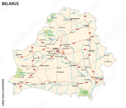 vector road and national park map of the Republic of Belarus