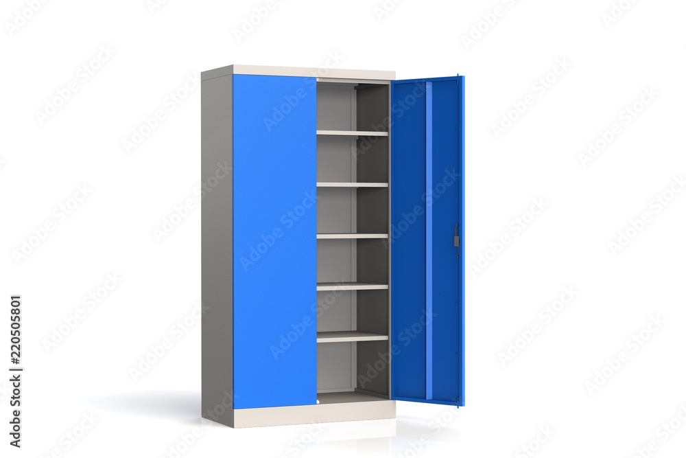 Metal cabinet with shelves for tools. Fireproof shelving for documents. 3D model rendering. Metal cabinet with shelves for tools. Fireproof shelving for documents. 3D model rendering.