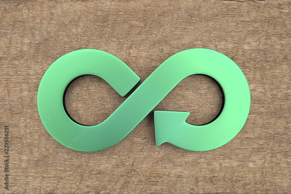 Circular economy concept. Green arrow infinity recycling symbol on wooden background. - obrazy, fototapety, plakaty 