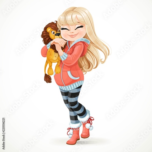 Beautiful pregnant blond woman happily hugs soft toy lion isolated on white background