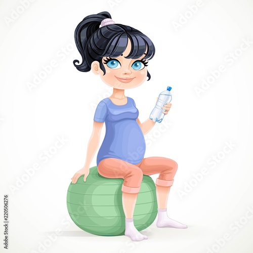 Cute pregnant woman sitting on green fitball holding water in bottle isolated on a white background