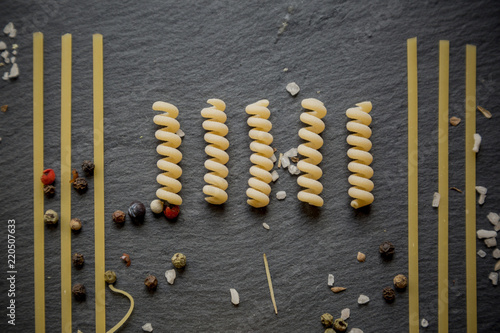 Fusilli and Linguini close up / Knolling concept