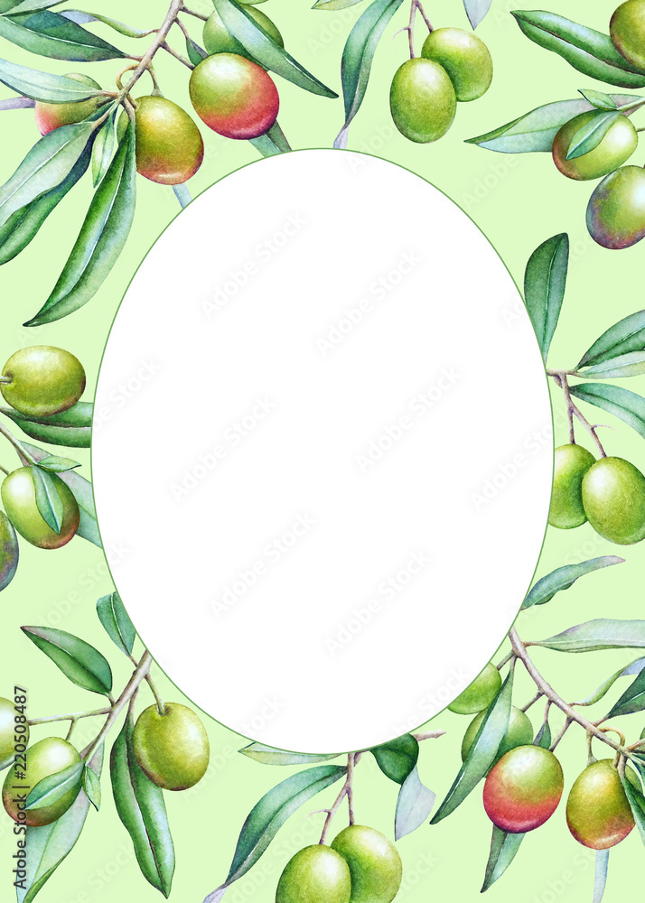 Card template with watercolor olive tree branches with olives and green leaves.