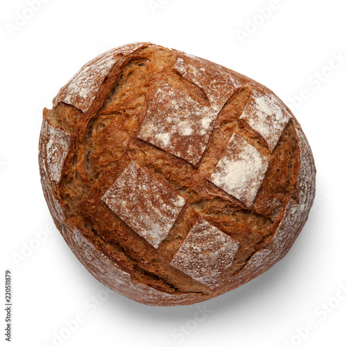 A loaf of rye bread on a white background. View from above
