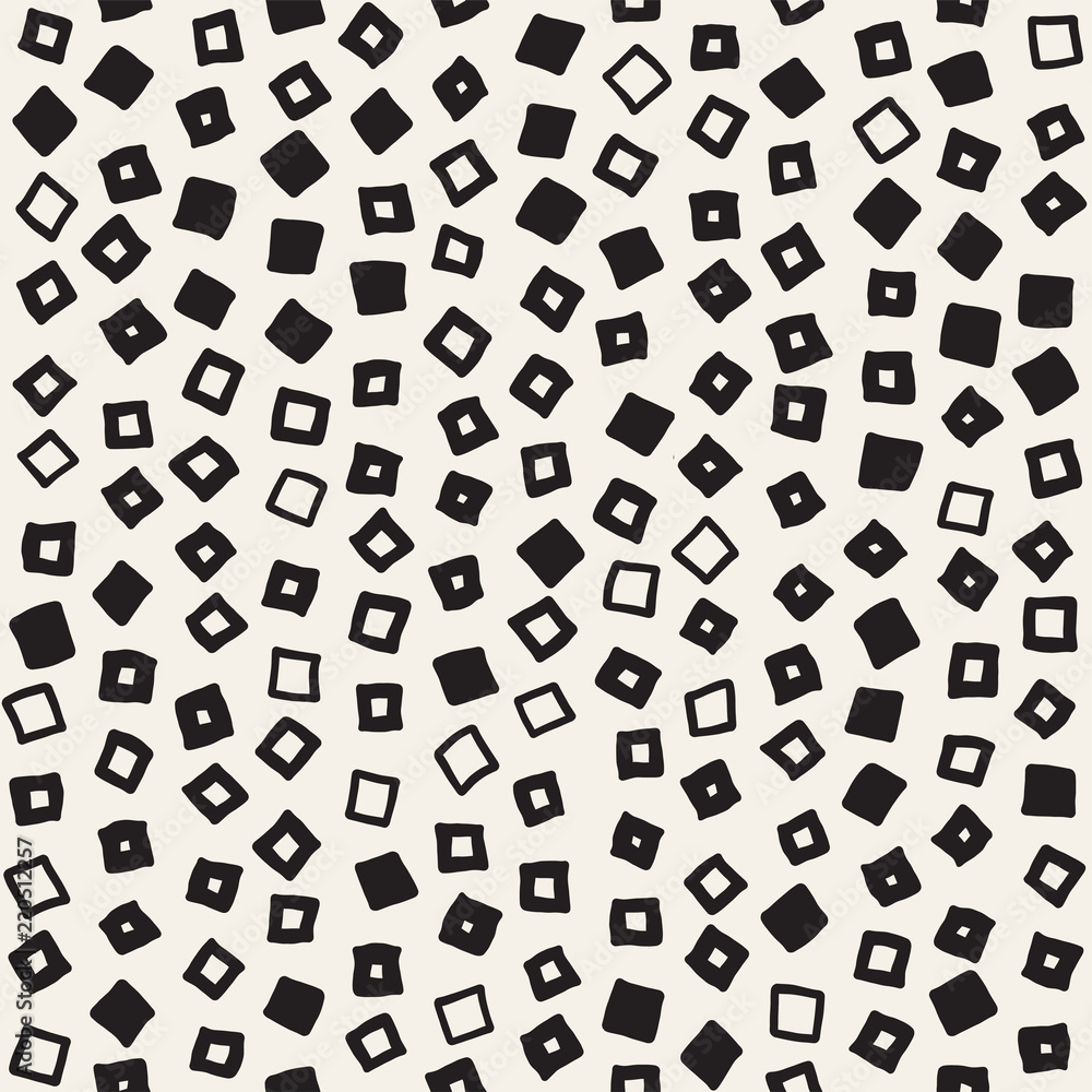Hand drawn black and white ink abstract seamless pattern. Vector stylish grunge texture. Monochrome geometric scattered shapes