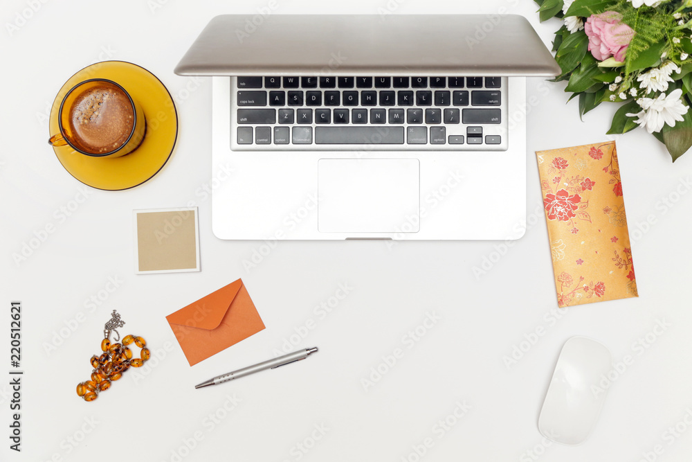 Modern feminine office desk workspace. Top view. Modern feminine office desk workspace. Top view.