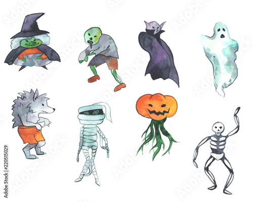 Hand drawn watercolor Halloween illustration. Different Halloween characters isolated on white background. For cards, invitations, posters or prints.