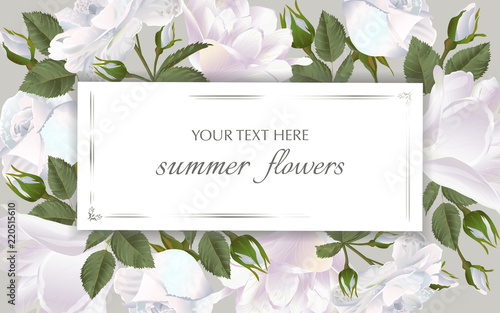 Vector banner with Luxurious roses and tulips flowers. Spring or summer design. Template for greeting cards, wedding decorations, invitation, sales. Space for text.