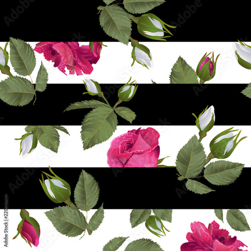Vector botanical seamless pattern with white and pink rose flowers. Modern floral pattern for textile, wallpaper, print, gift wrap, greeting or wedding background.
