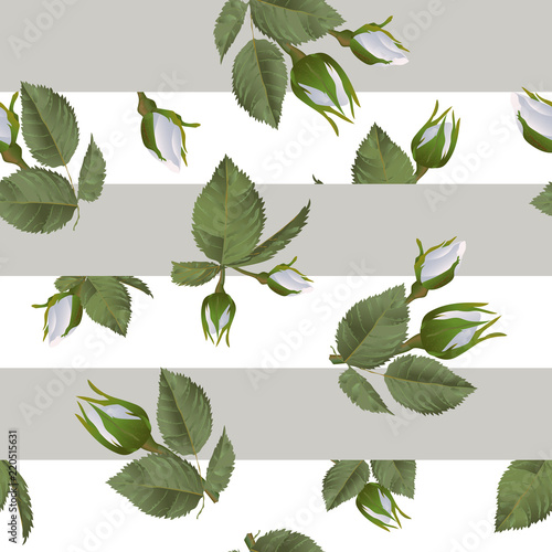 Vector botanical seamless pattern with white rose flowers. Modern floral pattern for textile, wallpaper, print, gift wrap, greeting or wedding background.