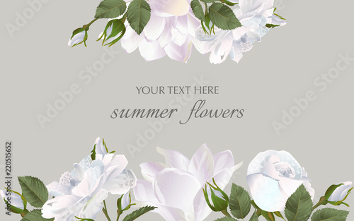 Vector banner with Luxurious roses and tulips flowers. Spring or summer design. Template for greeting cards, wedding decorations, invitation, sales. Space for text.