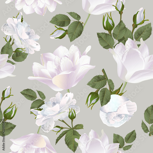 Vector botanical seamless pattern with rose and tulips flowers. Modern floral pattern for textile, wallpaper, print, gift wrap, greeting or wedding background.