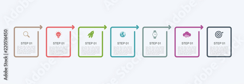 Timeline infographic design template with step structure. Business concept with 7 options pieces or steps. Block diagram, information graph, presentations banner, workflow.