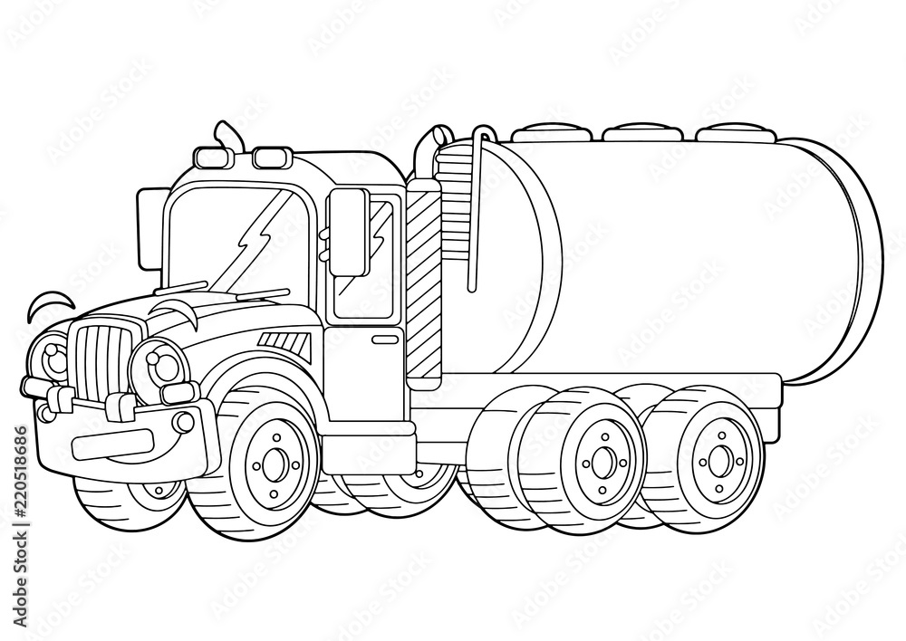 Vettoriale Stock cartoon happy cargo truck with tank - vector coloring