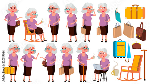 Old Woman Poses Set Vector. Elderly People. Senior Person. Aged. Friendly Grandparent. Web, Poster, Booklet Design. Isolated Cartoon Illustration
