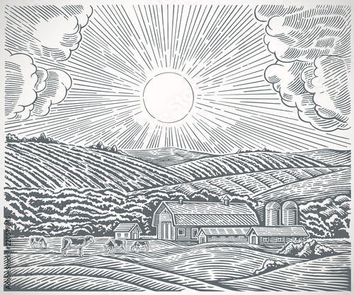 Rural landscape with a farm and with herd cows, drawn in engraving style.