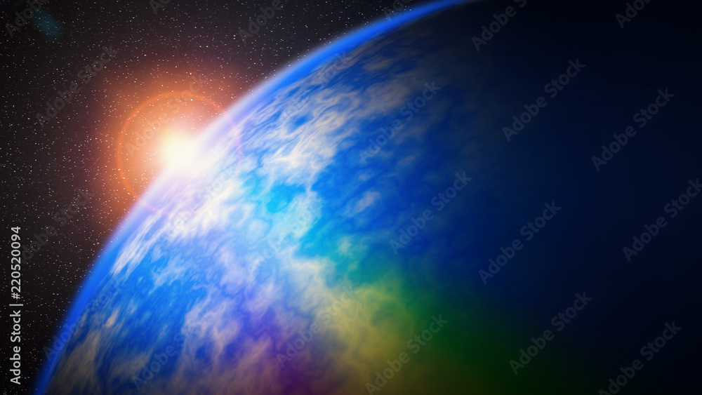 illustration of dawn sunrise over the earth with rainbow flare illustration of dawn sunrise over the earth with rainbow flare