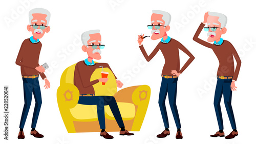 Old Man Poses Set Vector. Elderly People. Senior Person. Aged. Funny Pensioner. Leisure. Postcard, Announcement, Cover Design. Isolated Cartoon Illustration