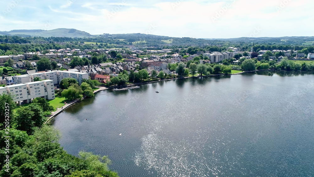 Aerial view over the town of Linlithgow from above Linlithgow Loch.