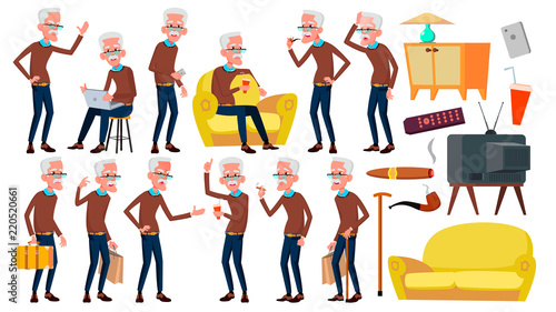 Old Man Poses Set Vector. Elderly People. Senior Person. Aged. Caucasian Retiree. Smile. Web, Poster, Booklet Design. Isolated Cartoon Illustration